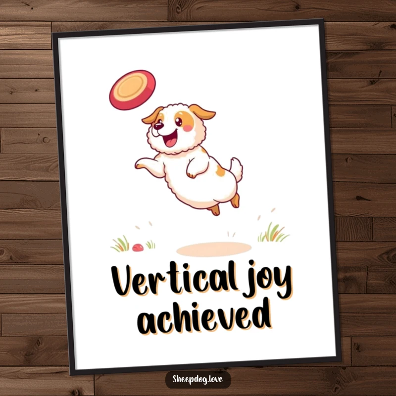 Funny sheepdog digital art print capturing a determined sheepdog in a dynamic pose, leaping for a frisbee.