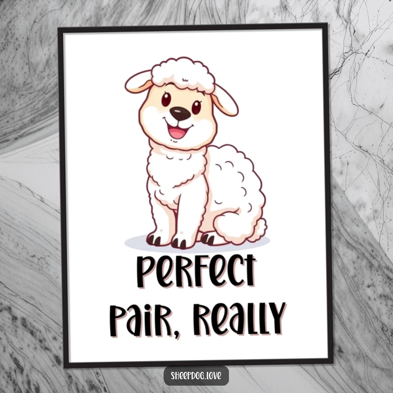 Funny sheepdog digital art print capturing a proud sheepdog sitting contentedly beside a fluffy sheep.