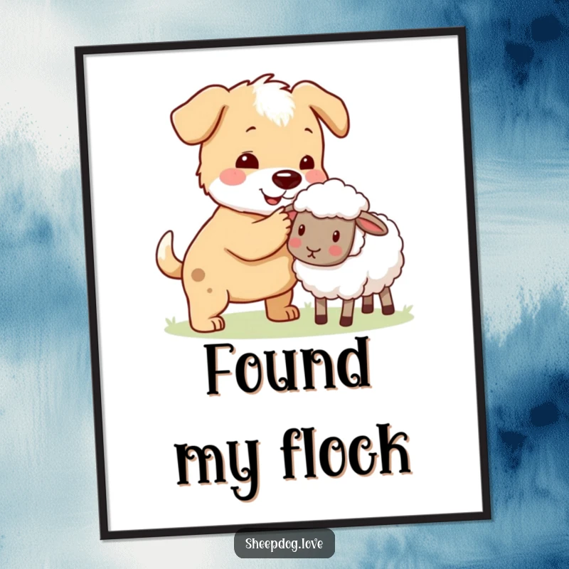 Funny sheepdog nudging a stray sheep back to the flock on a digital art print, perfect for wall decor.