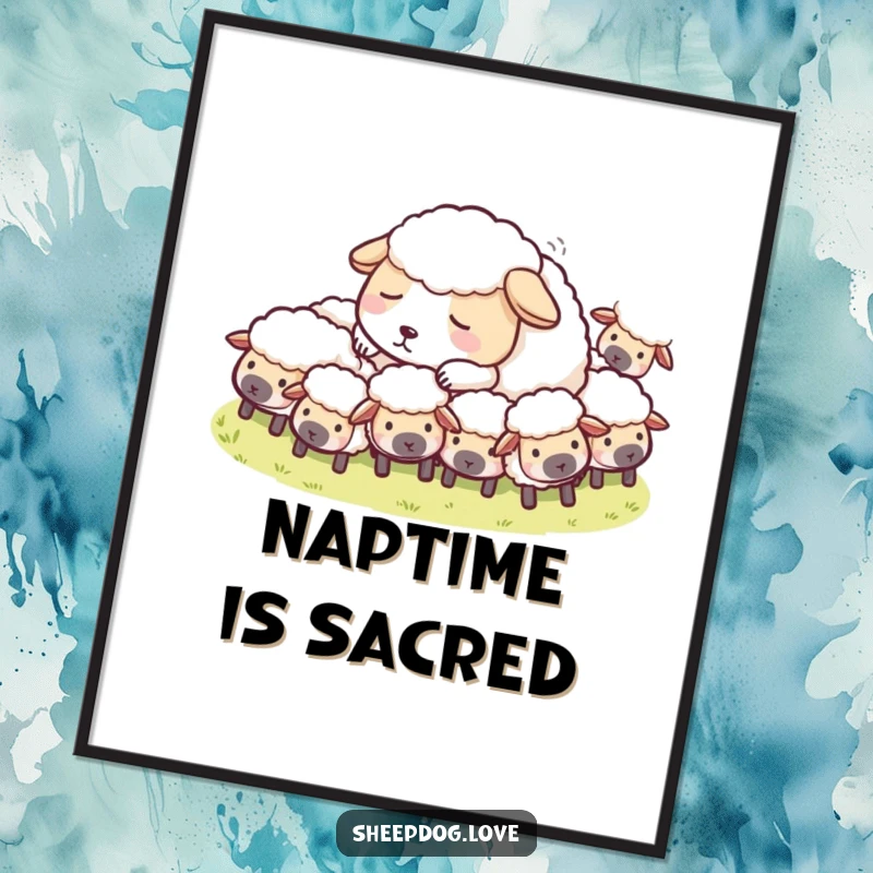 Funny Sheepdog Digital Art Print showcasing a peaceful sheepdog napping among its flock, perfect for a humorous and serene ambiance.