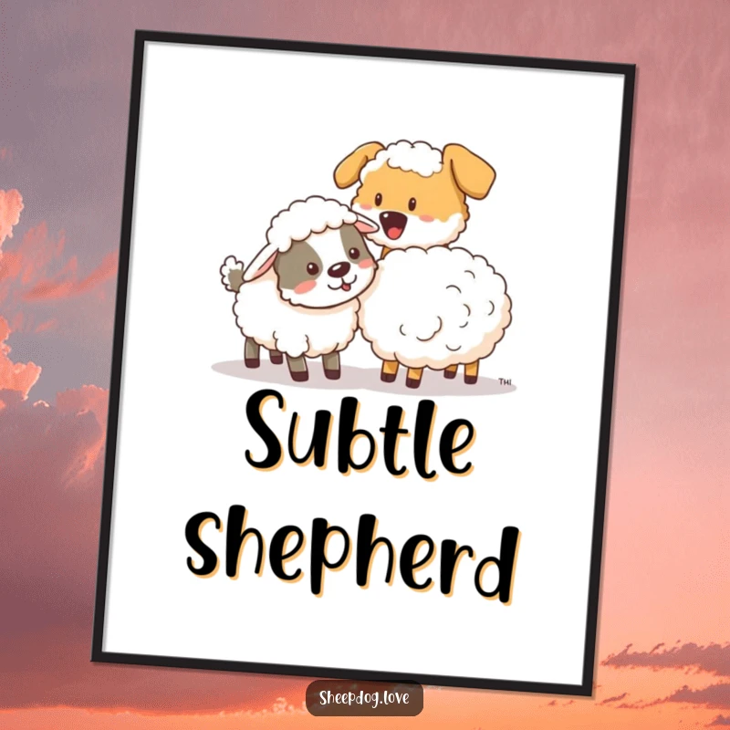 Funny sheepdog playfully nudging a stray sheep, as an instant download digital art print, radiating gentle kindness.