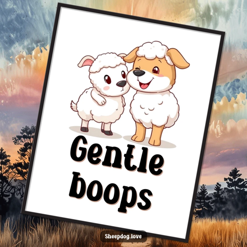 Funny sheepdog nudging sheep digital art print, a charming depiction of a playful dog and surprised sheep.