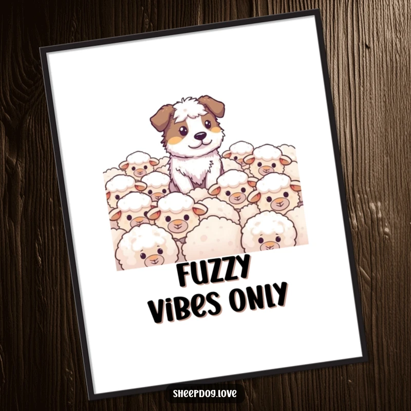 Funny Sheepdog Digital Art Print of a focused sheepdog intently watching a field of fluffy sheep, designed to bring humorous charm to any wall.