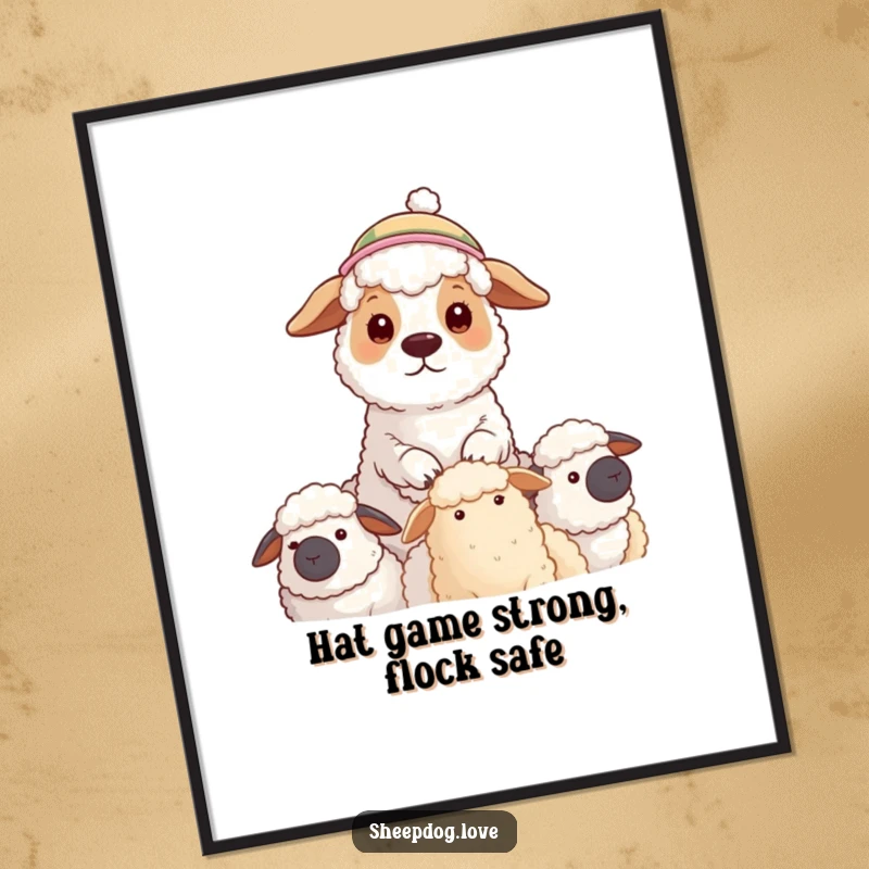Funny digital art print of a sheepdog wearing a hat watching its flock, offering instant charming decor with humor.