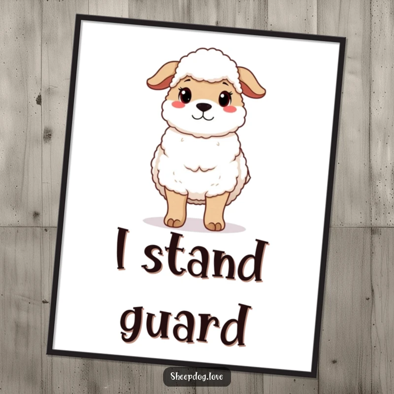 Funny digital art print of a protective sheepdog standing guard with a gentle expression, ready to add comfort.