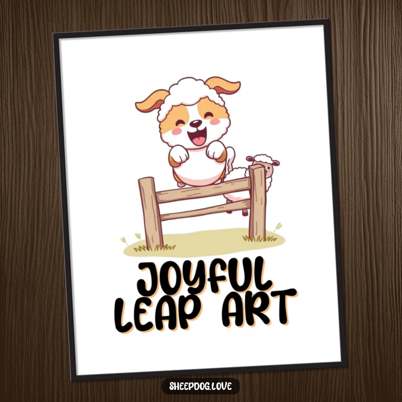 Funny sheepdog character leaping over a fence, sheep in background, digital art print.