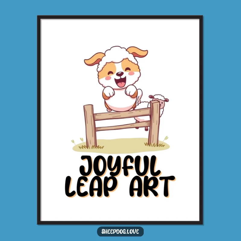Funny Sheepdog Digital Print: Joyful Leaping Art, Unique Funny Farm Gift
