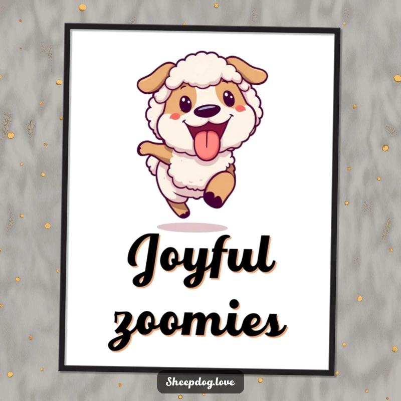 Funny joyful sheepdog running digital art print, a dynamic depiction of a happy dog in motion.