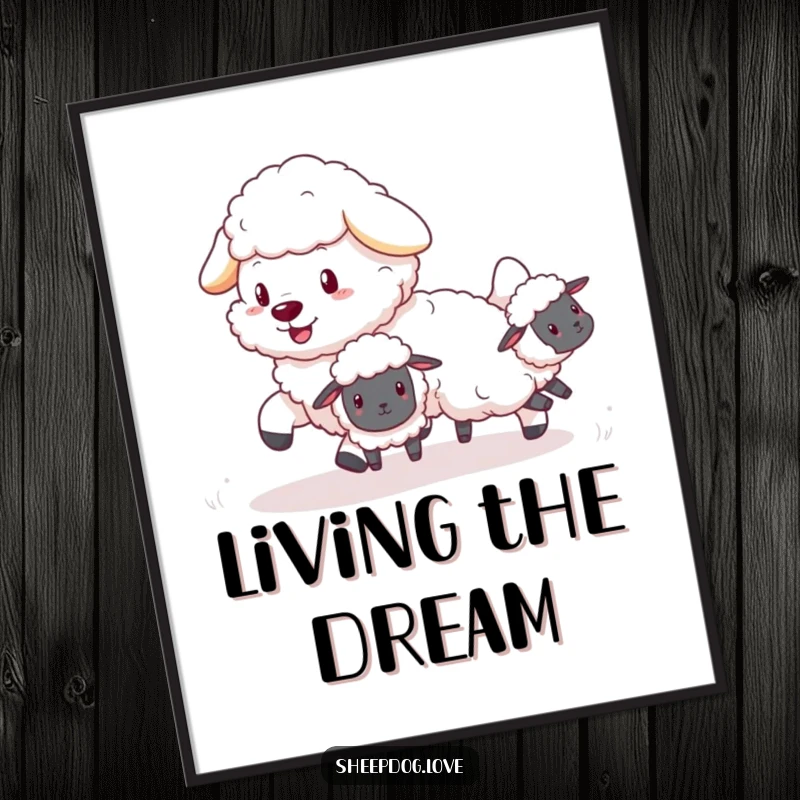 Funny Sheepdog Digital Art Print: Fluffy sheepdog playfully herding tiny, bouncing sheep in a vibrant and humorous illustration.