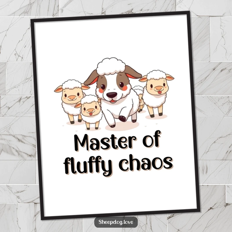 Funny sheepdog heroically herding a pack of sheep, available as an instant download humorous digital art print.