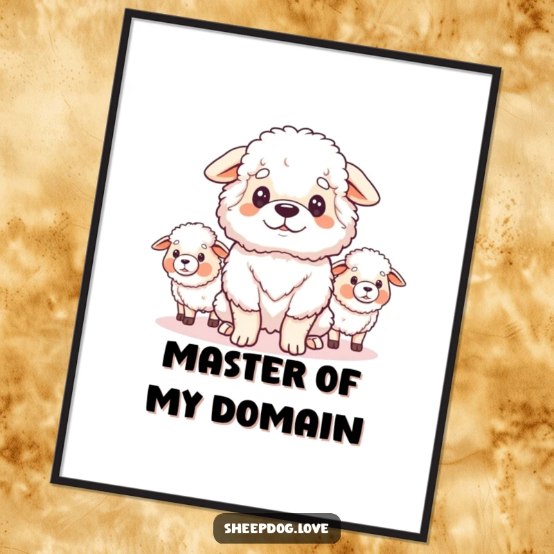 Funny digital art print of a fluffy sheepdog looking proudly at its flock, perfect for adding heartwarming and funny decor.