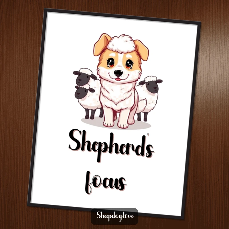 Funny digital art print of a determined sheepdog guiding sheep, ready for immediate printing and display.
