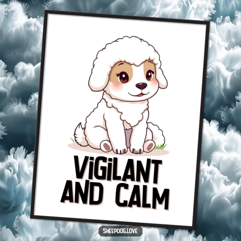 Funny sheepdog digital art print of a calm dog watching sheep, instantly downloadable for serene decor.