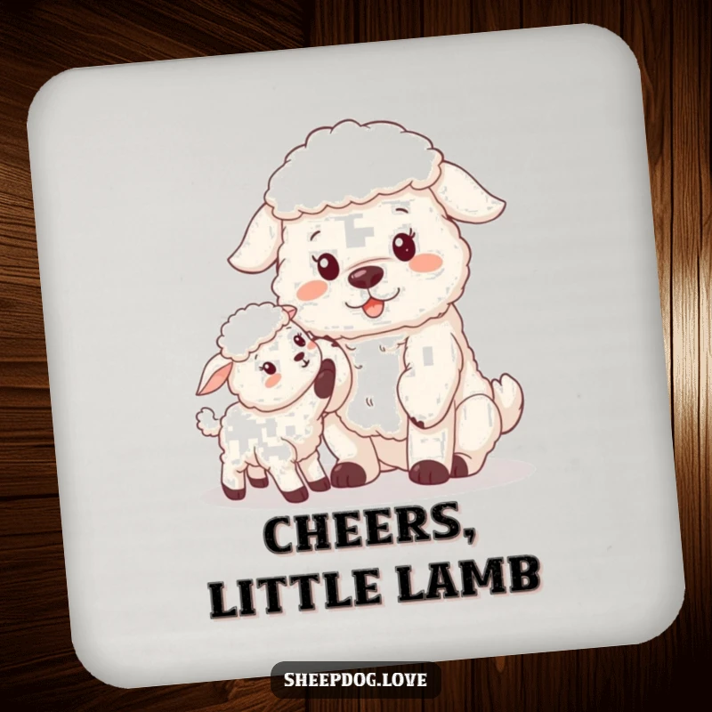 Funny sheepdog and lamb on a drink coaster, adding farmyard charm and surface protection.