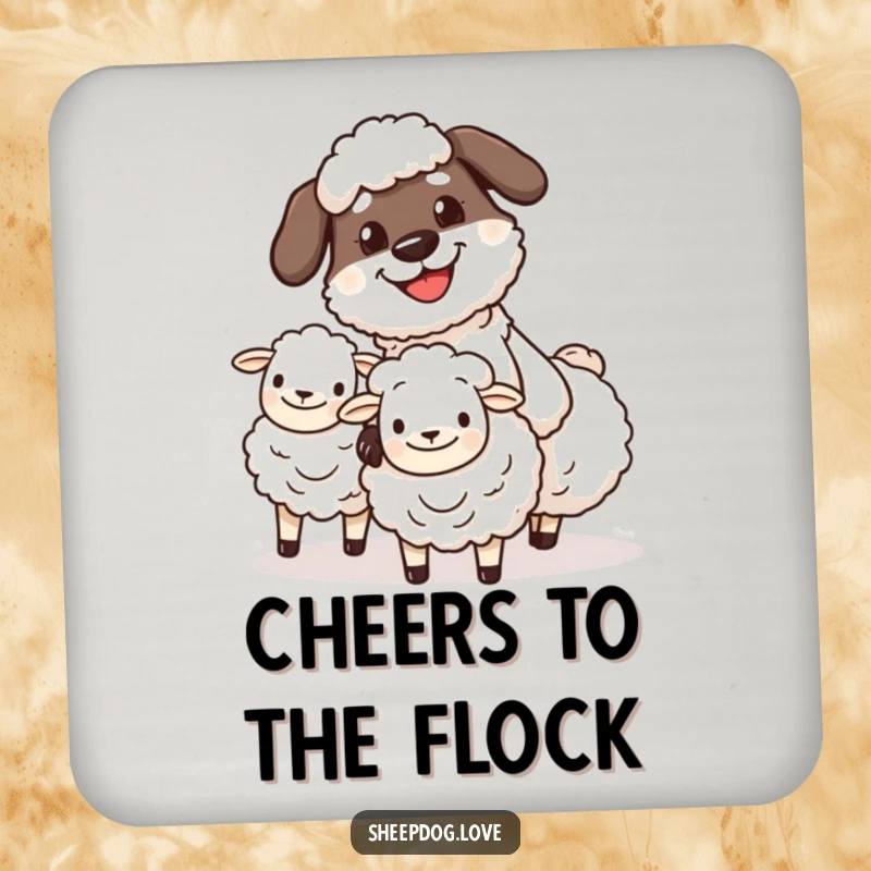 Funny sheepdog herder drink coaster showing a determined, grinning character herding sheep, protecting surfaces with a smile.