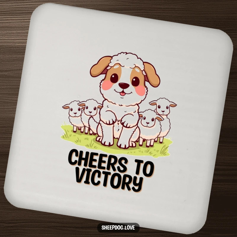 Funny sheepdog drink coaster featuring a proud dog after herding sheep, protecting surfaces with humor. Ideal for parties.
