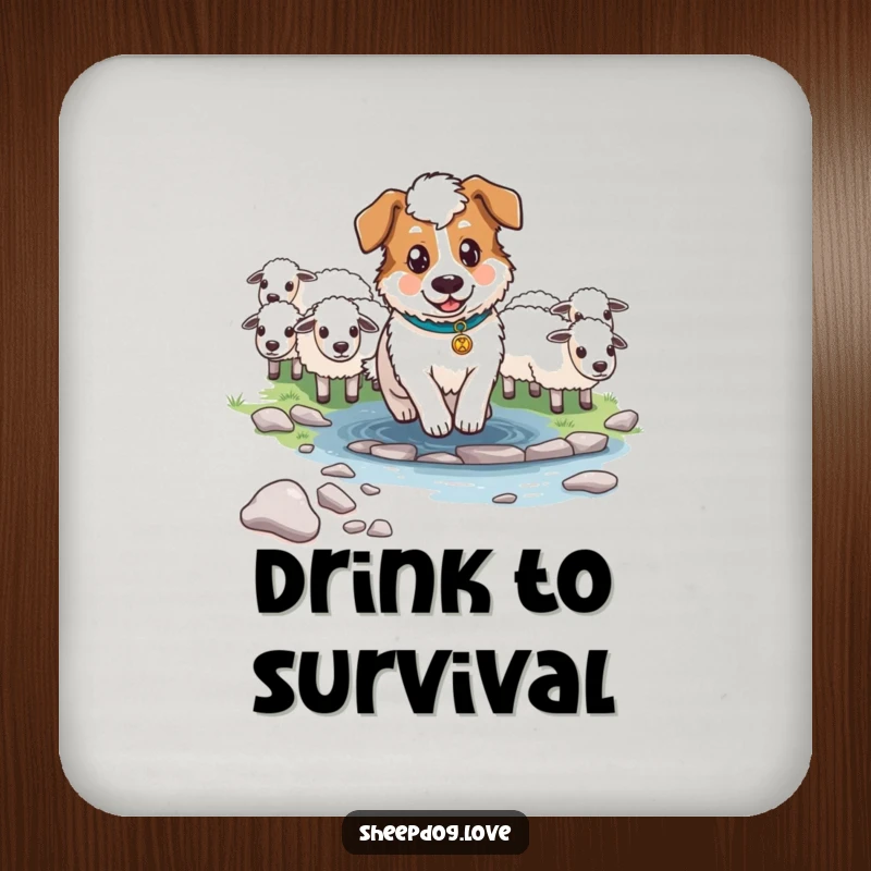 Funny Determined Sheepdog Coaster depicting a sheepdog guiding sheep across a stream, a humorous and functional home accessory.