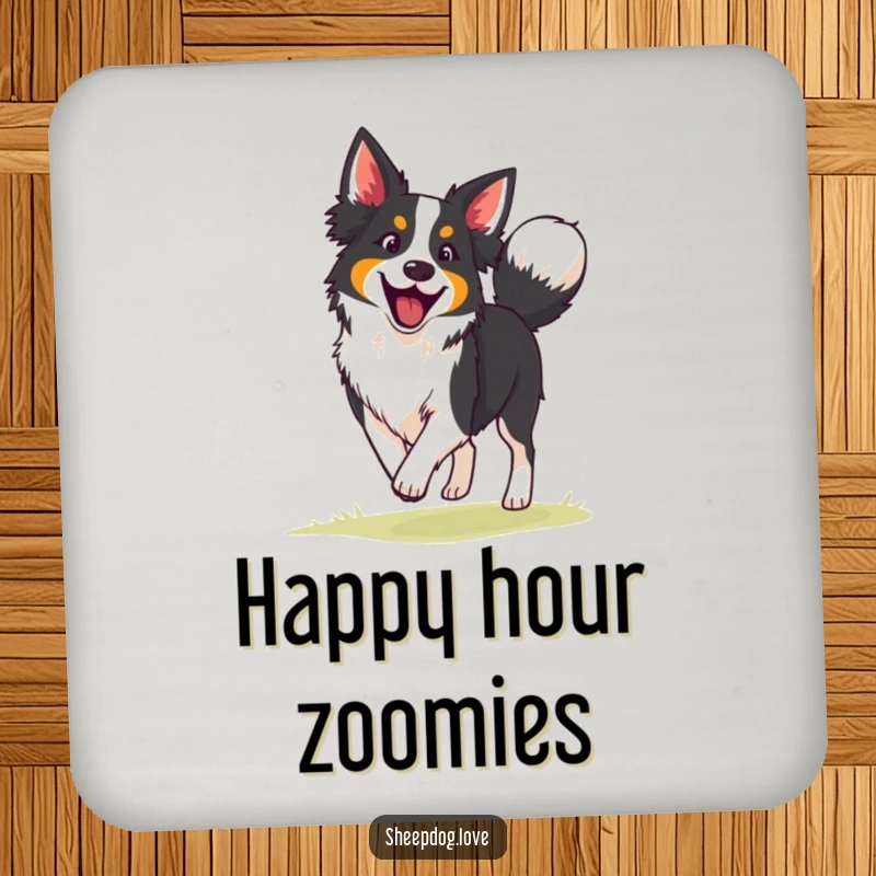 Funny border collie drink coaster with an enthusiastic herding dog and wagging tail, designed to protect surfaces with canine-themed humor.