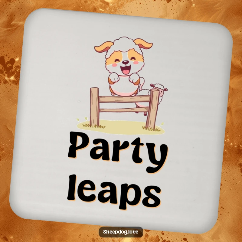 Funny sheepdog character leaping over a fence, sheep behind, protective drink coaster.