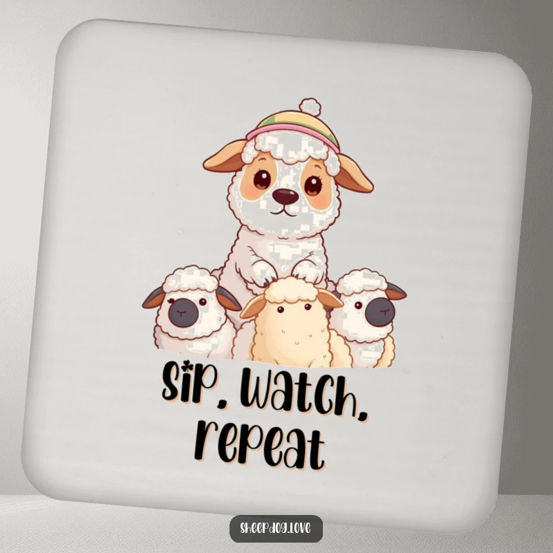 Funny coaster with a sheepdog wearing a hat watching its flock, adding charming vigilance and surface protection with humor.