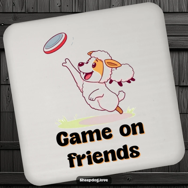 Funny Sheepdog Coasters: Sheepdog energetically catching a frisbee thrown by a sheep, protecting surfaces with humor.