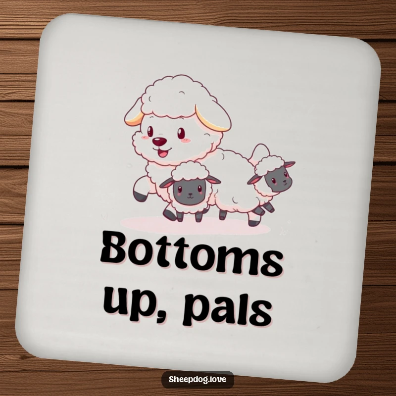 Funny Sheepdog Coasters: Fluffy sheepdog playfully herding tiny, bouncing sheep, protecting your surfaces with charm.