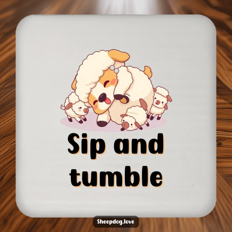 Funny Sheepdog Coasters: Sheepdog doing a playful tumble surrounded by little sheep, protecting surfaces with charm.