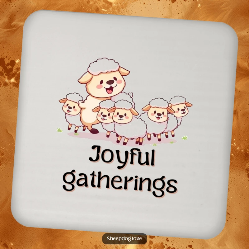 Funny sheepdog drink coaster with a fluffy herding dog joyfully guiding sheep, designed to protect furniture with canine-themed humor.