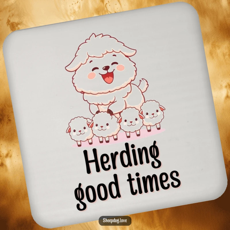 Funny sheepdog coaster with a sheepdog joyfully herding fluffy sheep, protecting surfaces with farm charm, a great funny gift.