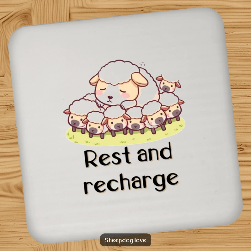 Funny Sheepdog Coaster depicting a sheepdog napping among sheep, a humorous and functional home accessory.