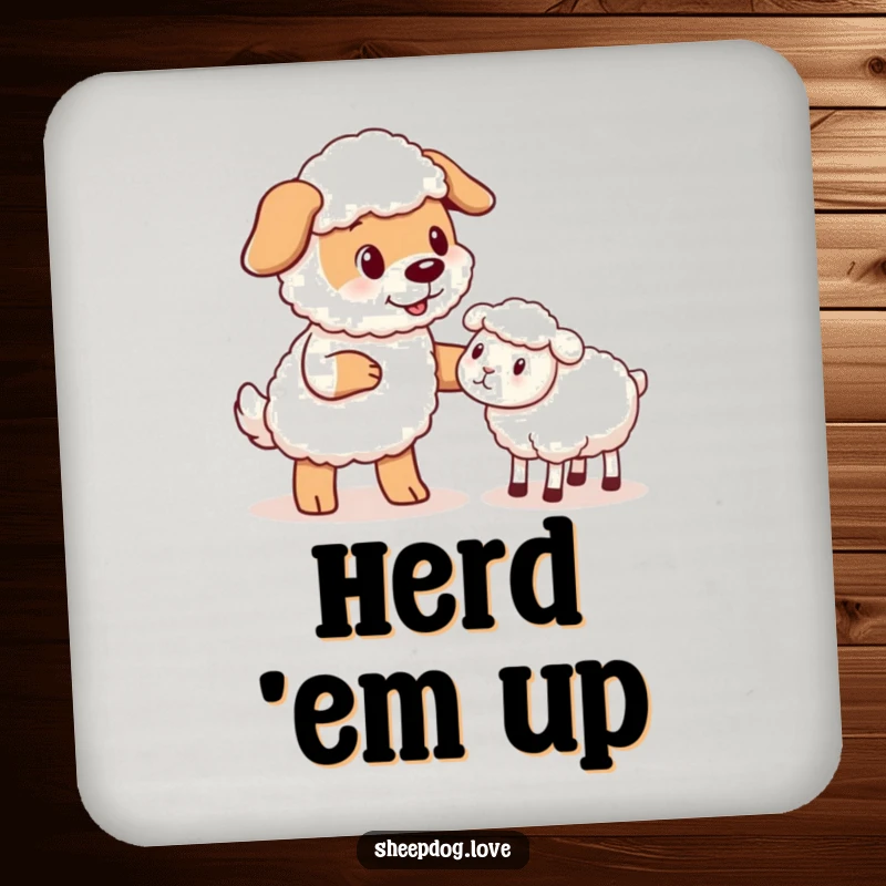 Funny Sheepdog Coasters: A set of coasters featuring a sheepdog giving a friendly nudge to a stray sheep, protecting surfaces humorously.
