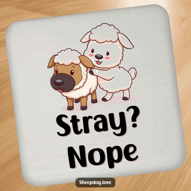 Funny sheepdog coasters, featuring a playful dog nudging a stray sheep, adding a fun touch to drink settings.