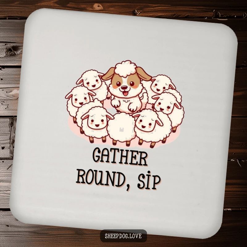 Funny drink coaster with an energetic kawaii sheepdog herding fluffy sheep in a circle, adding humor and surface protection with cuteness.