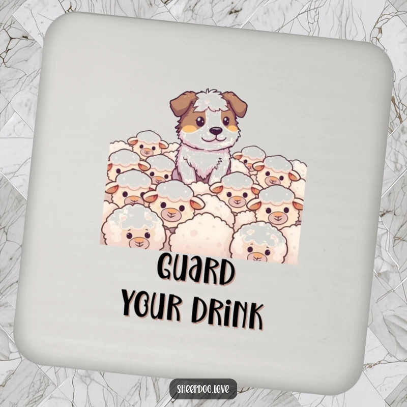 Funny Sheepdog Coaster depicting a sheepdog intently watching over a field of fluffy sheep, offering humorous protection for drink surfaces.