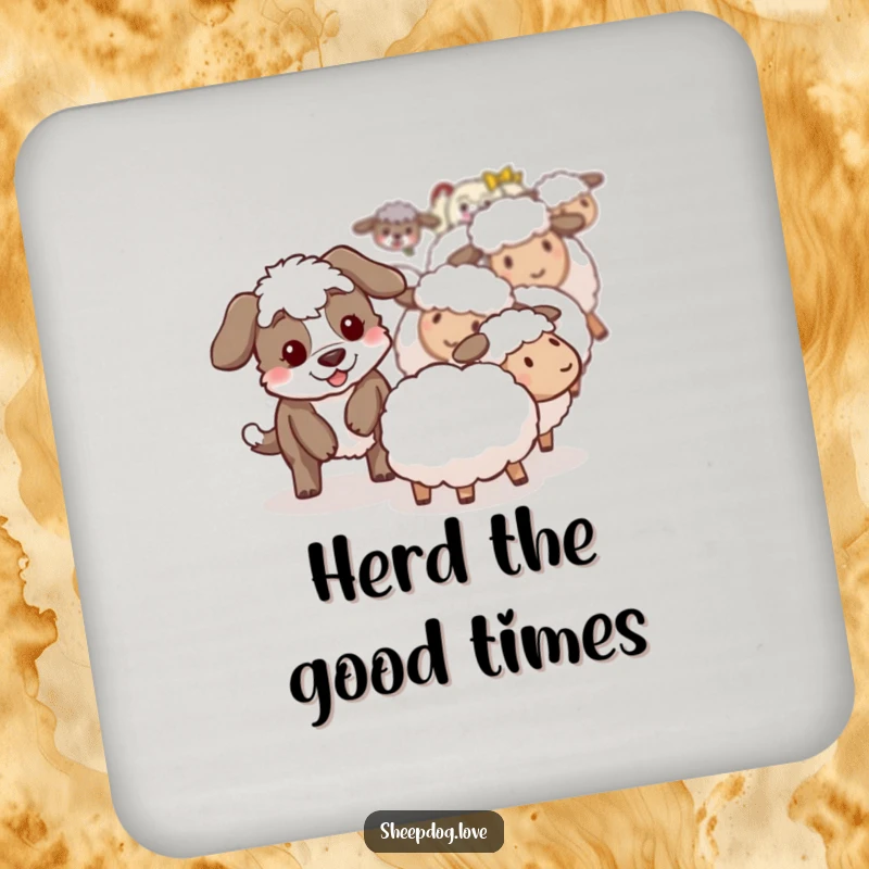 Funny sheepdog coaster showing a playful sheepdog gently nudging a drink ring away from the table's surface.