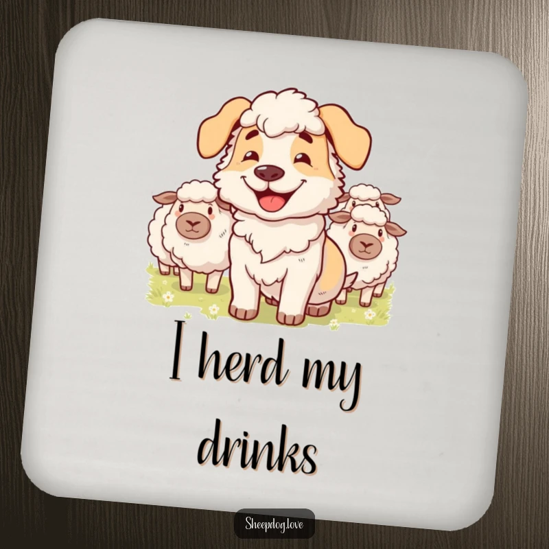 Funny coaster featuring a grinning sheepdog expertly herding fluffy sheep, adding a playful canine touch.