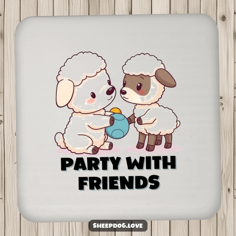Funny sheepdog character presenting a toy to a curious lamb, protective drink coaster.
