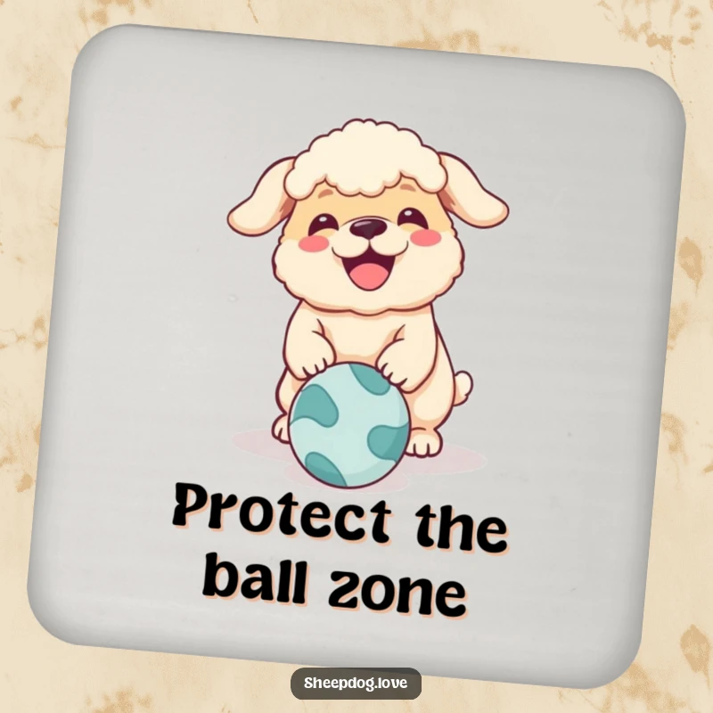 Funny sheepdog drink coasters with a design of a happy dog barking at a ball, adding humor to any table setting.