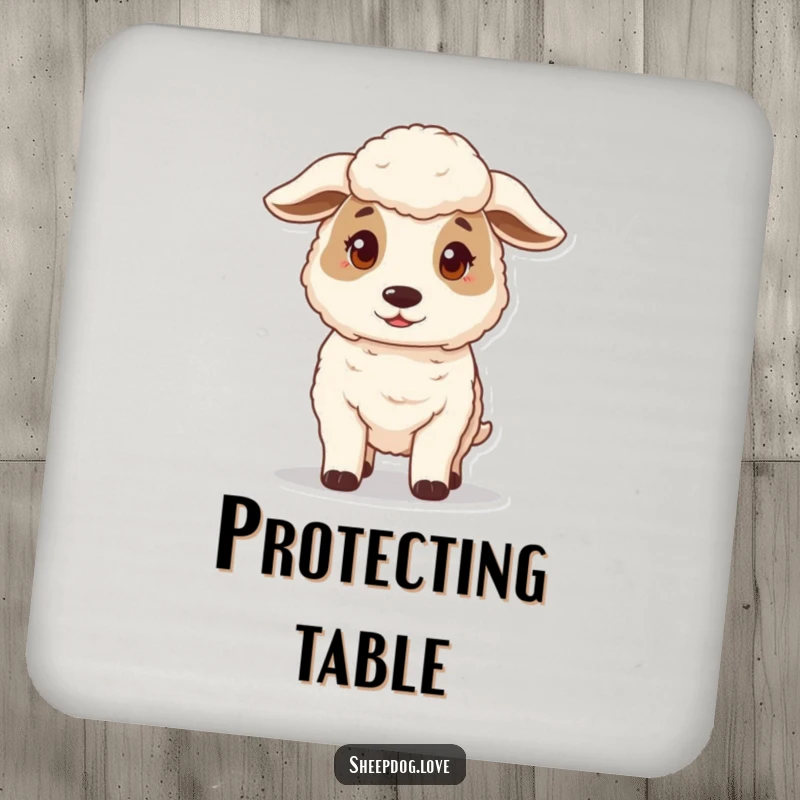 Funny drink coaster set with a gentle and protective sheepdog standing guard, offering humorous protection.