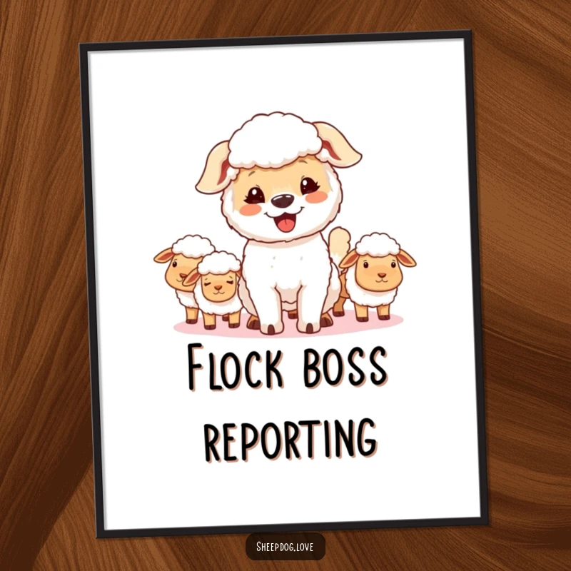 Funny sheepdog poster, a happy dog with a wagging tail, gazing contentedly and proudly at its sheep flock.