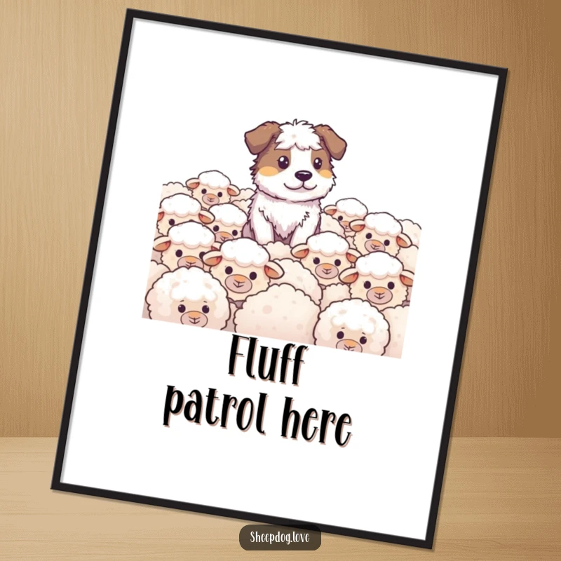 Funny Sheepdog Poster showcasing a dedicated sheepdog intently watching over a serene field populated by fluffy sheep, adding humorous wall art.