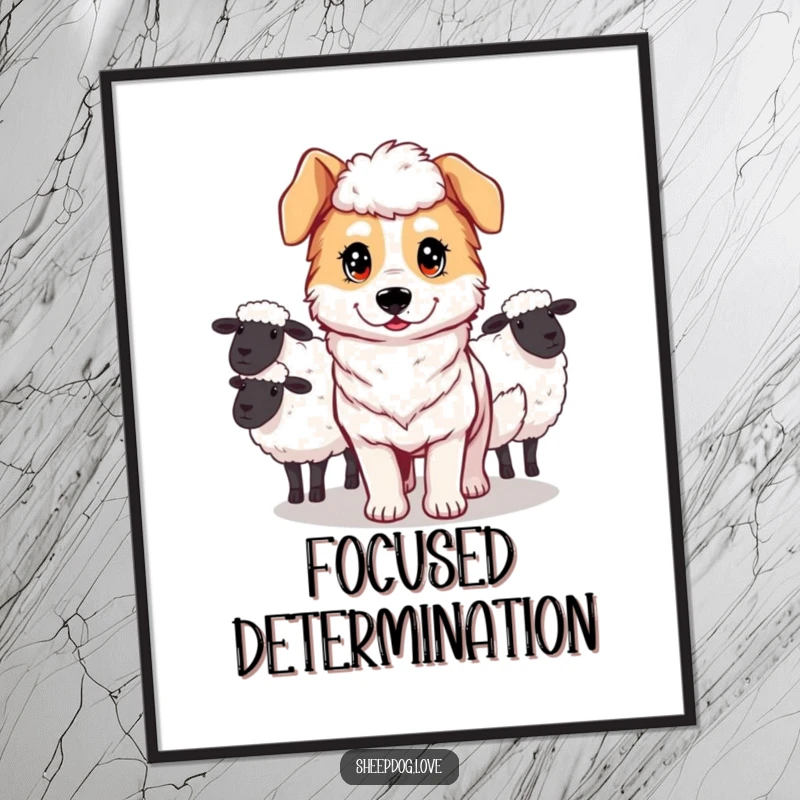 Funny poster featuring a sheepdog with a determined gaze, leading sheep with focus and unwavering dedication.