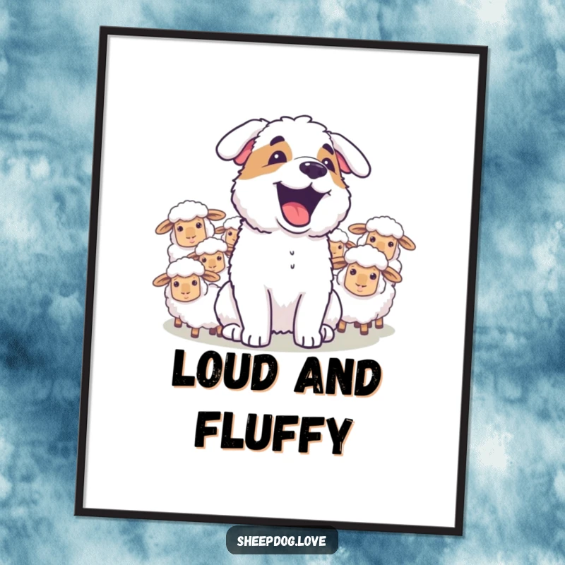 Funny sheepdog joyfully barking towards a flock of sheep, presented as humorous wall art for dog lovers.