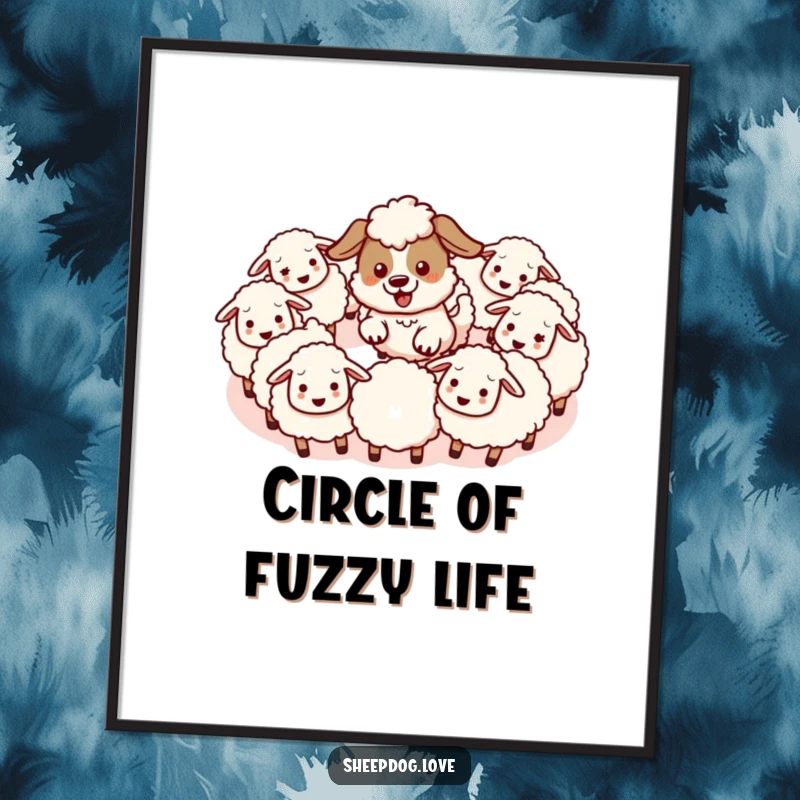 Funny poster featuring an energetic kawaii sheepdog rounding up fluffy sheep in a circle, embodying cute action and lighthearted fun.