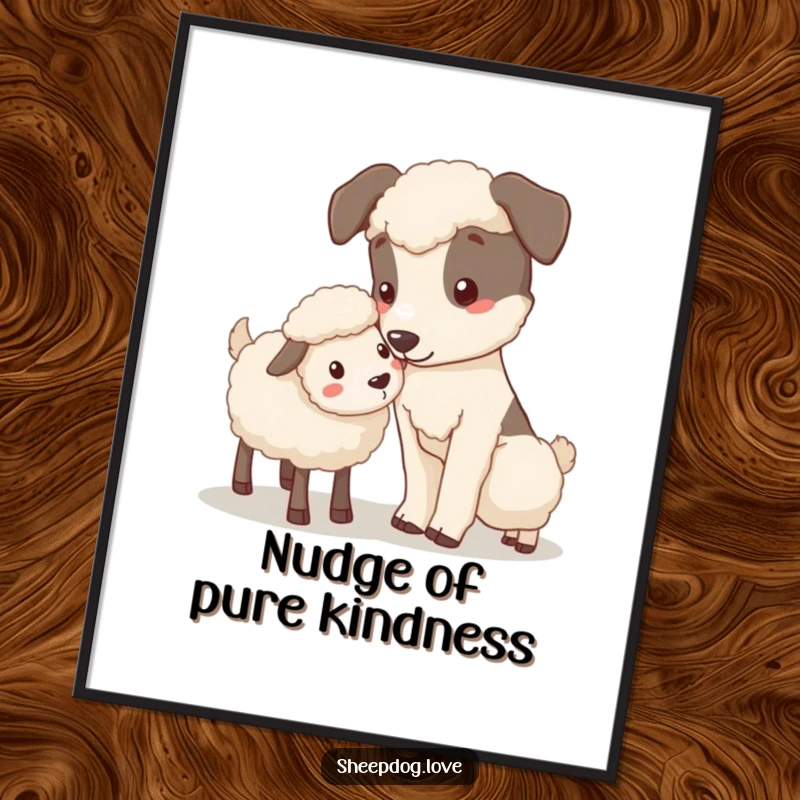 Funny Nudging Sheepdog Poster showing a sheepdog gently nudging a stray sheep with its nose, emphasizing its caring nature.