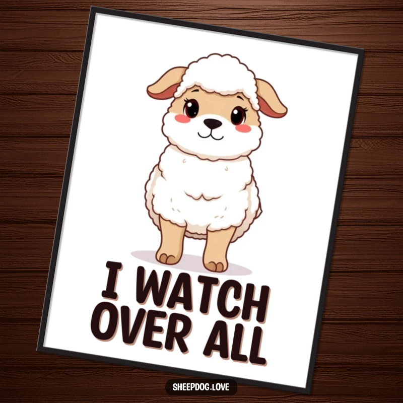 Funny poster print of a protective sheepdog standing guard with a gentle, serene expression, symbolizing steadfast loyalty.