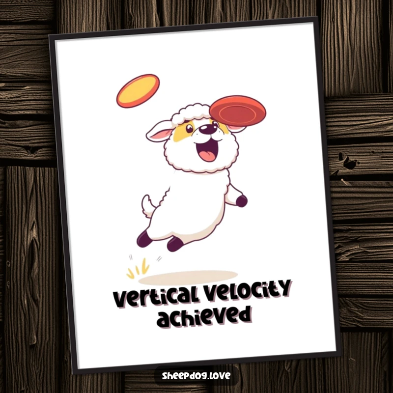 Funny sheepdog poster, a sheepdog captured mid-leap, expertly catching a frisbee against a bright background, full of action.
