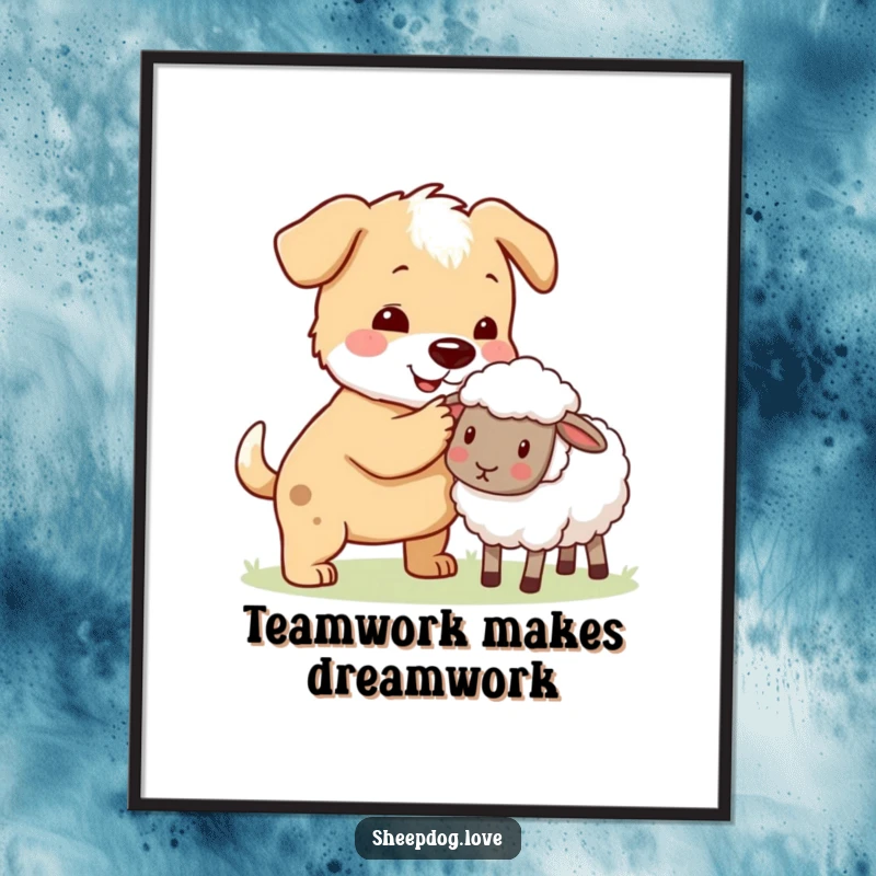 Funny sheepdog guiding a stray sheep back to the group on a poster, emphasizing canine responsibility.