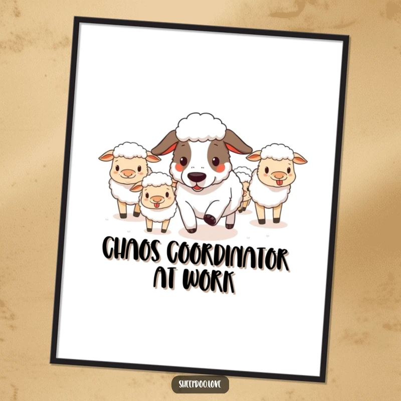 Funny sheepdog working diligently to herd a group of wayward sheep, presented as humorous wall art.