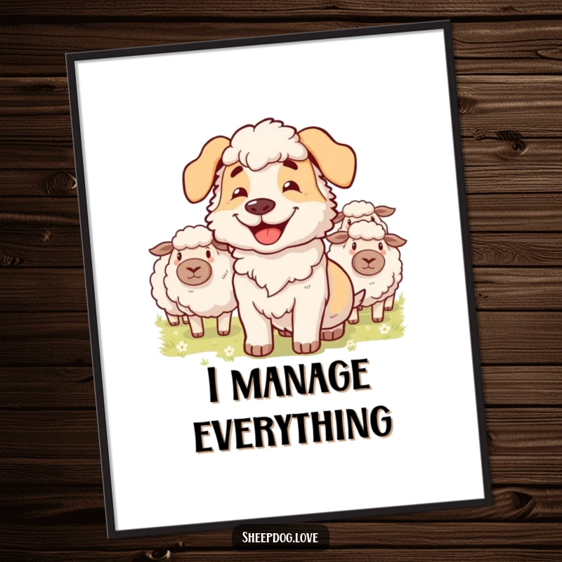 Funny poster print of a sheepdog with a wide grin, expertly herding a group of fluffy sheep, showing playful control.